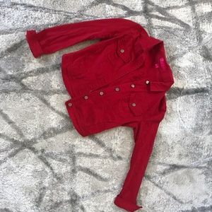 Red jean jacket perfect for fall weather